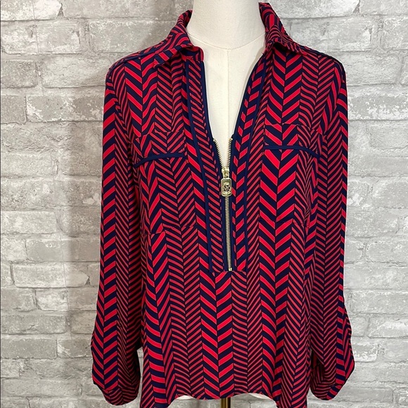 Michael Kors Tops - Michael Kors Graphic Red and Navy Blouse with Notched Collar